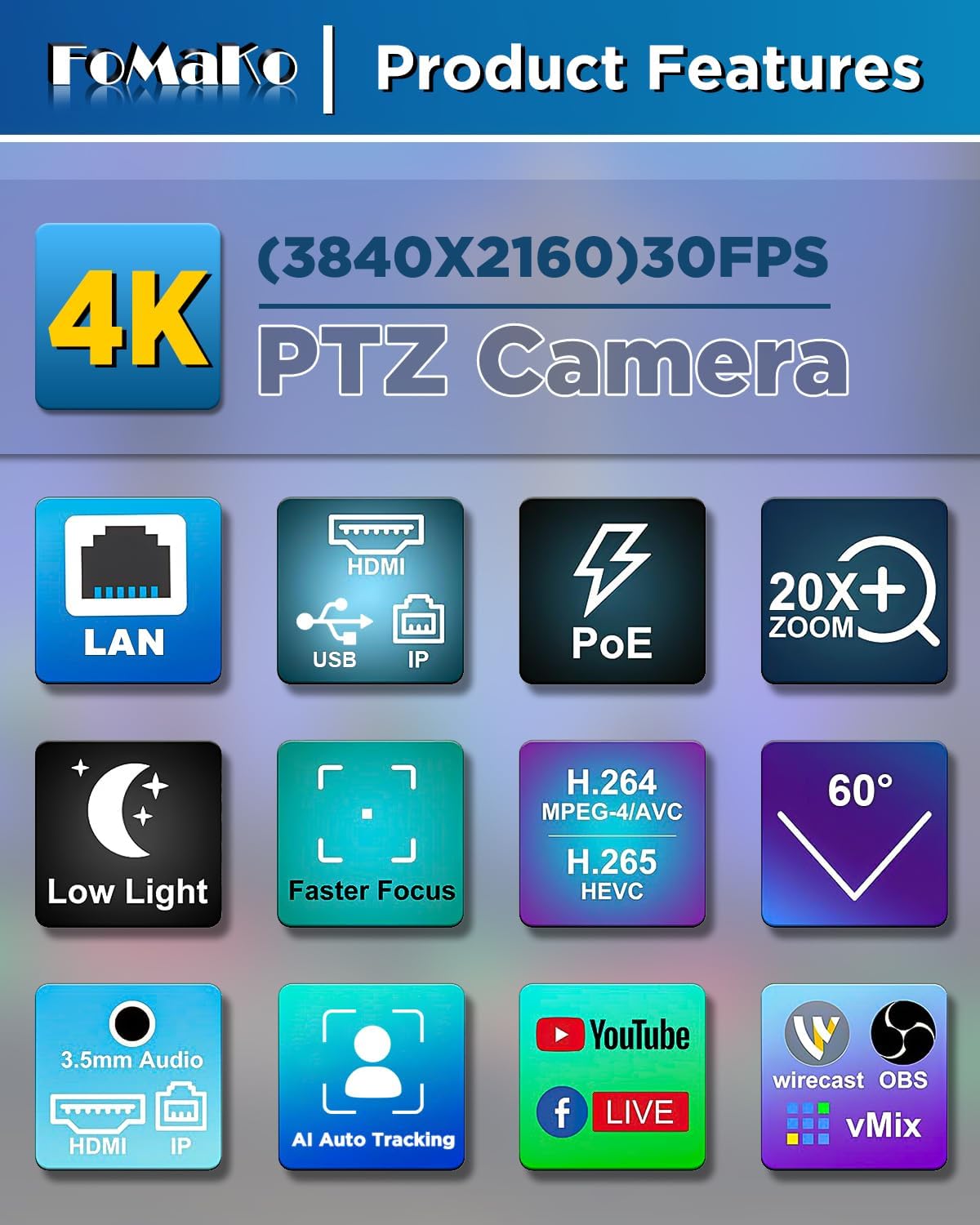 FoMaKo Cámara PTZ 4K 20X HDMI AI de seguimiento automático PTZ, controlador PTZ - Image 3